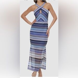 Guess Women's Blue Crochet Lace Halter Maxi Dress Size 6